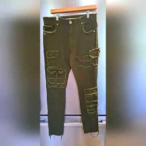 Mens KLOUD 9 Casual Premium Cargo DISTRESSED Denim ARMY GREEN PANTS 32X32